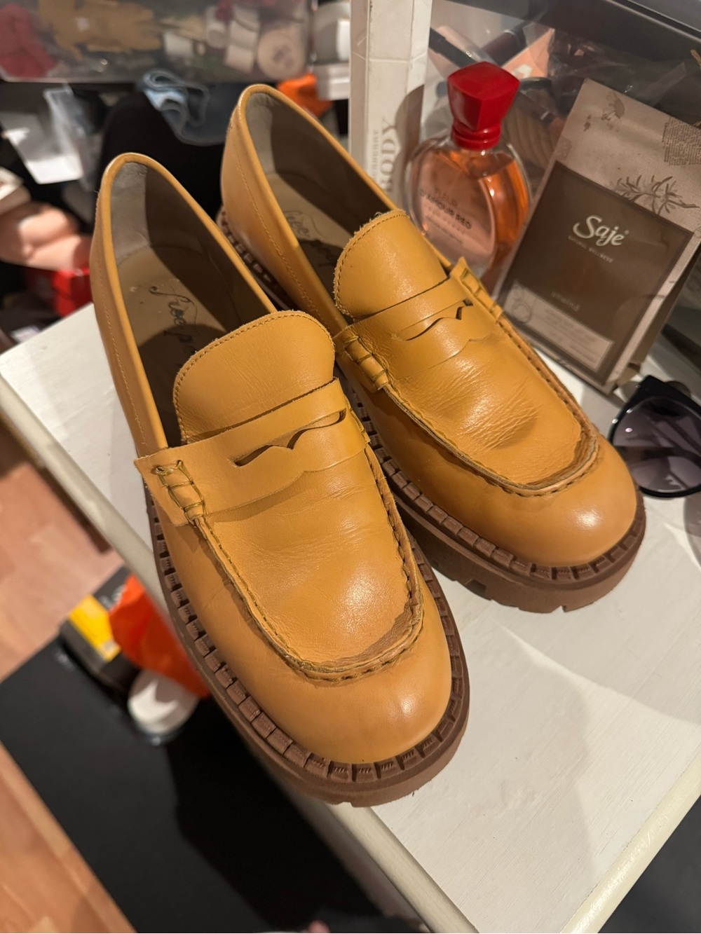 Free People Mustard Tan Leather Penny Loafers